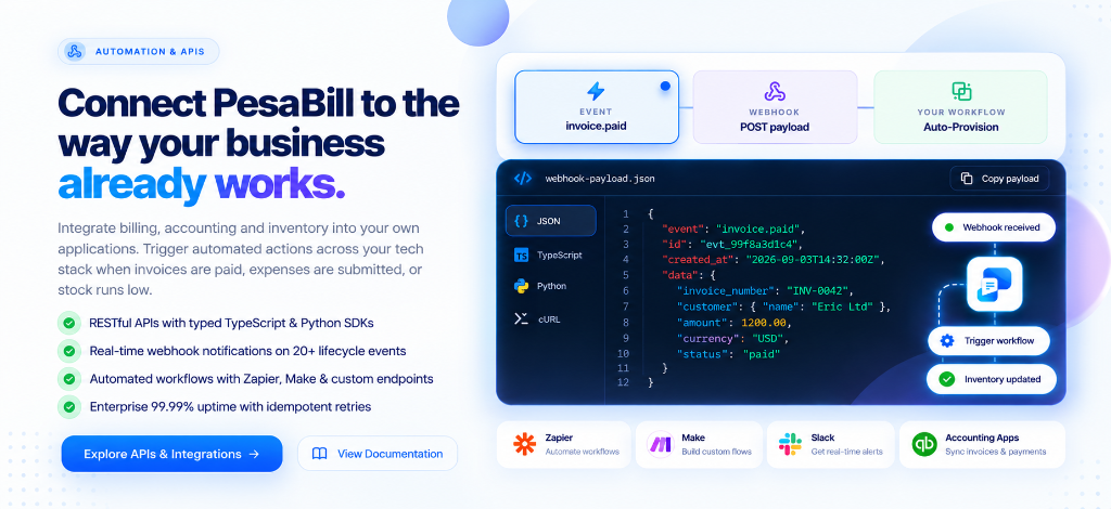 PesaBill Automation and APIs — Connect PesaBill to the way your business already works